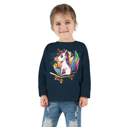 Skateboarding Unicorn Toddler Long Sleeve Tee, Cute Kids Shirt, Unicorn Lover Gift, Playful Toddler Outfit, Birthday Gift