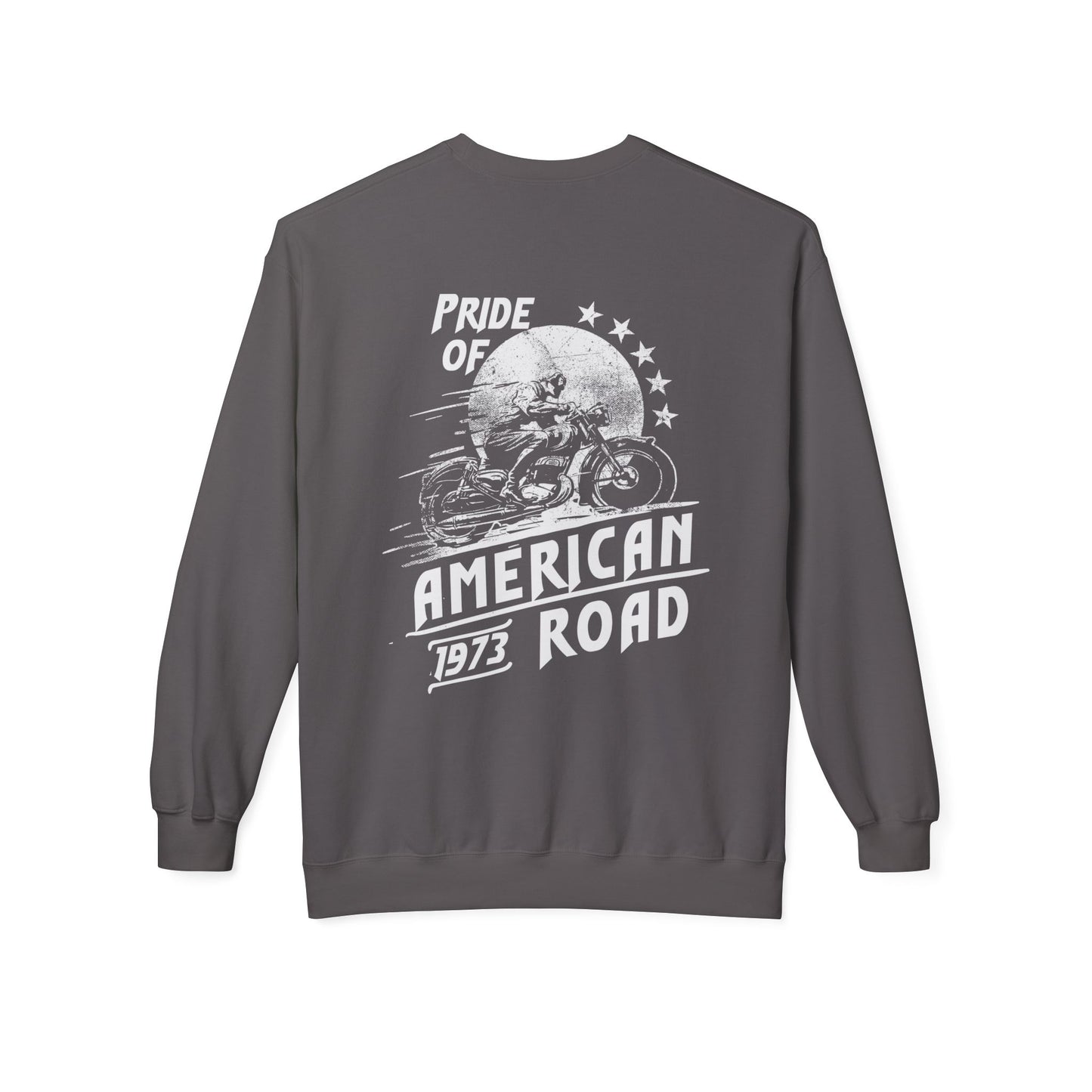 Pride of American Road Crewneck Sweatshirt, Cozy Unisex Fleece Top, Ideal Gift for Bikers, Road Trip Apparel, 1973 Vintage Style