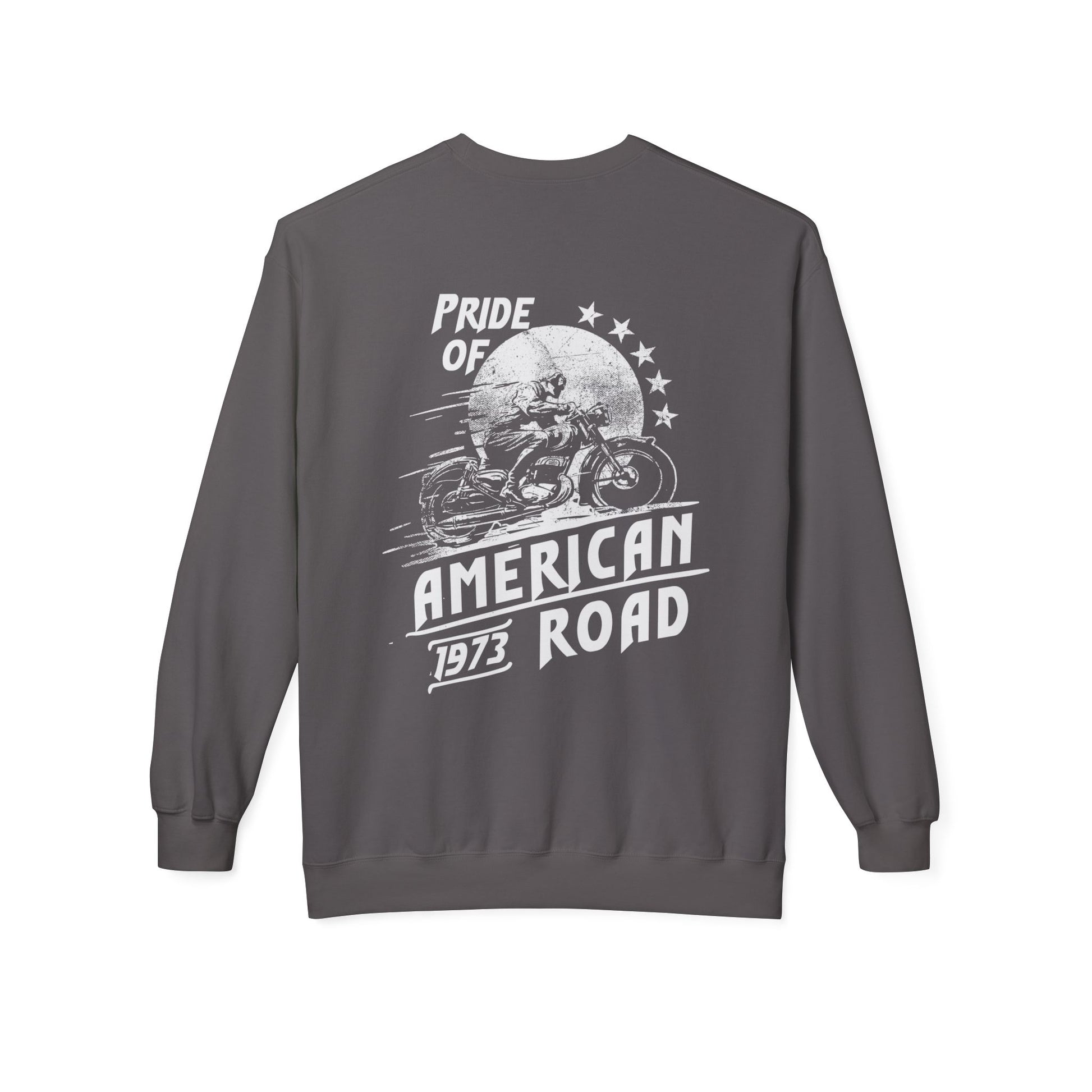 Pride of American Road Crewneck Sweatshirt, Cozy Unisex Fleece Top, Ideal Gift for Bikers, Road Trip Apparel, 1973 Vintage Style