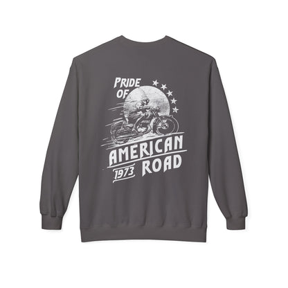 Pride of American Road Crewneck Sweatshirt, Cozy Unisex Fleece Top, Ideal Gift for Bikers, Road Trip Apparel, 1973 Vintage Style