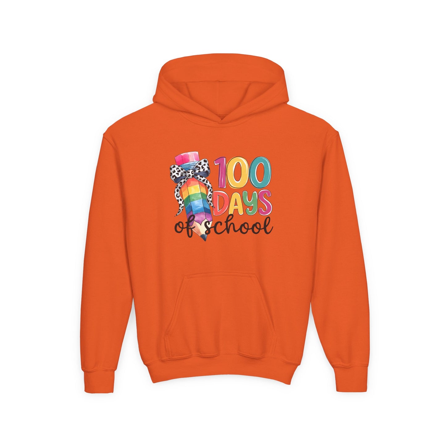 Colorful 100 Days of School Youth Hoodie, Fun School Celebration Sweatshirt, Back-to-School Gift, Kids Fashion, Classroom Style Orange