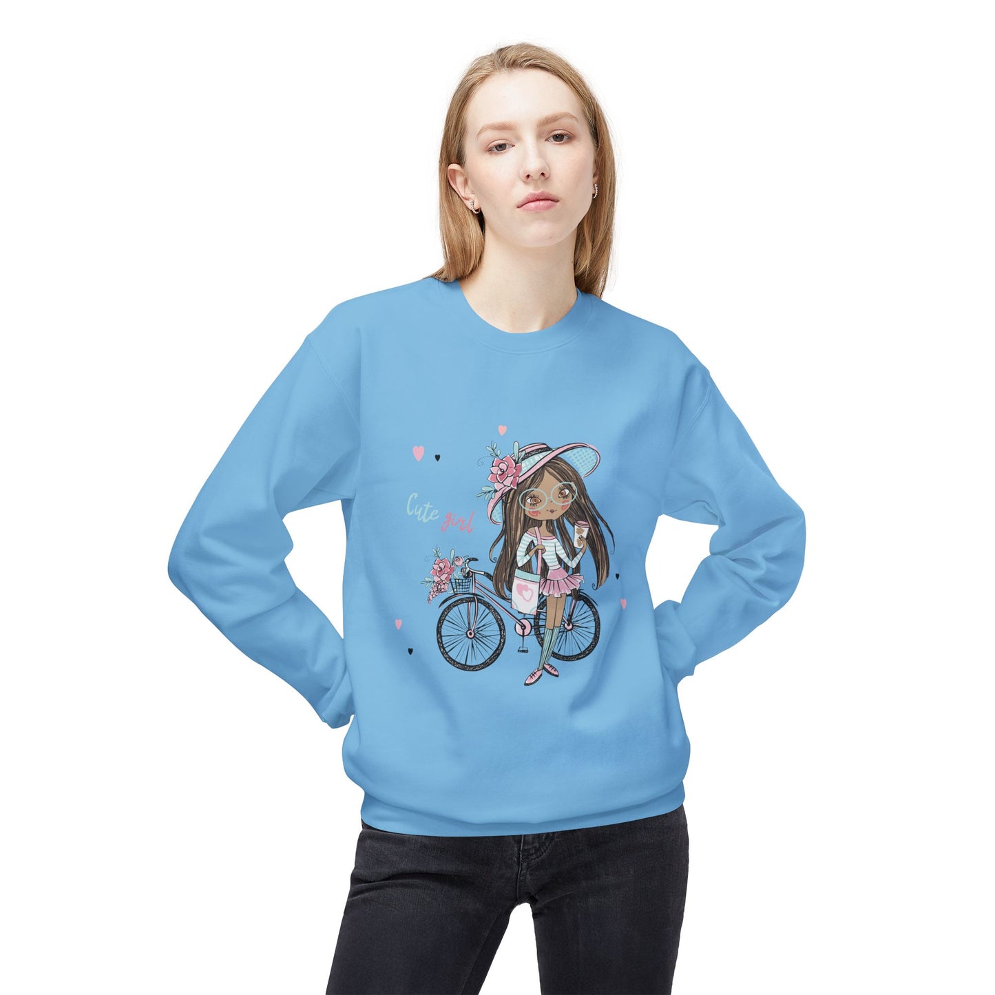 Cute Girl on Bicycle Sweatshirt, Cozy Fleece Crewneck, Spring Fashion, Gift for Her, Casual Sweatshirt, Cartoon Design