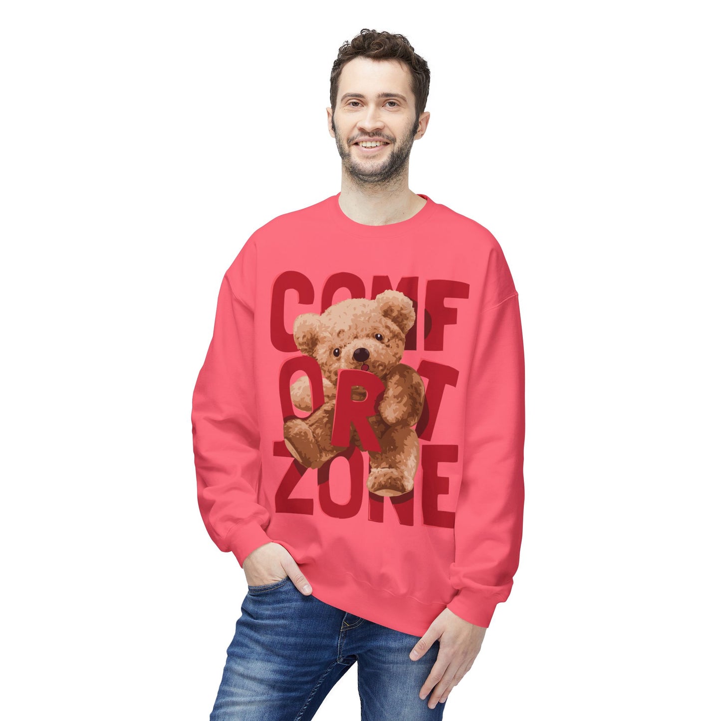 Comfort Zone Teddy Bear Crewneck Sweatshirt, Cozy Black Sweatshirt, Unisex Gift, Cute Sweatshirt for Winter, Relaxation Apparel