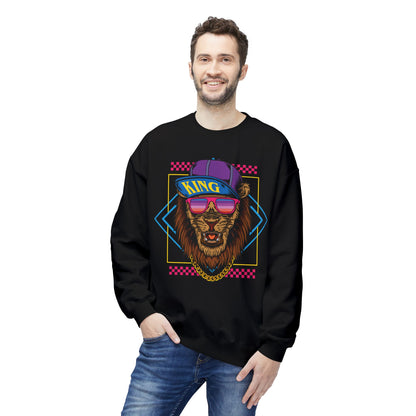King Lion Graphic Crewneck Sweatshirt, Cozy Streetwear, Unisex Gift, Funny Animal Sweatshirt, Retro Style Apparel, Perfect for Any Occasion