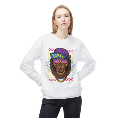 King Lion Graphic Crewneck Sweatshirt, Cozy Streetwear, Unisex Gift, Funny Animal Sweatshirt, Retro Style Apparel, Perfect for Any Occasion
