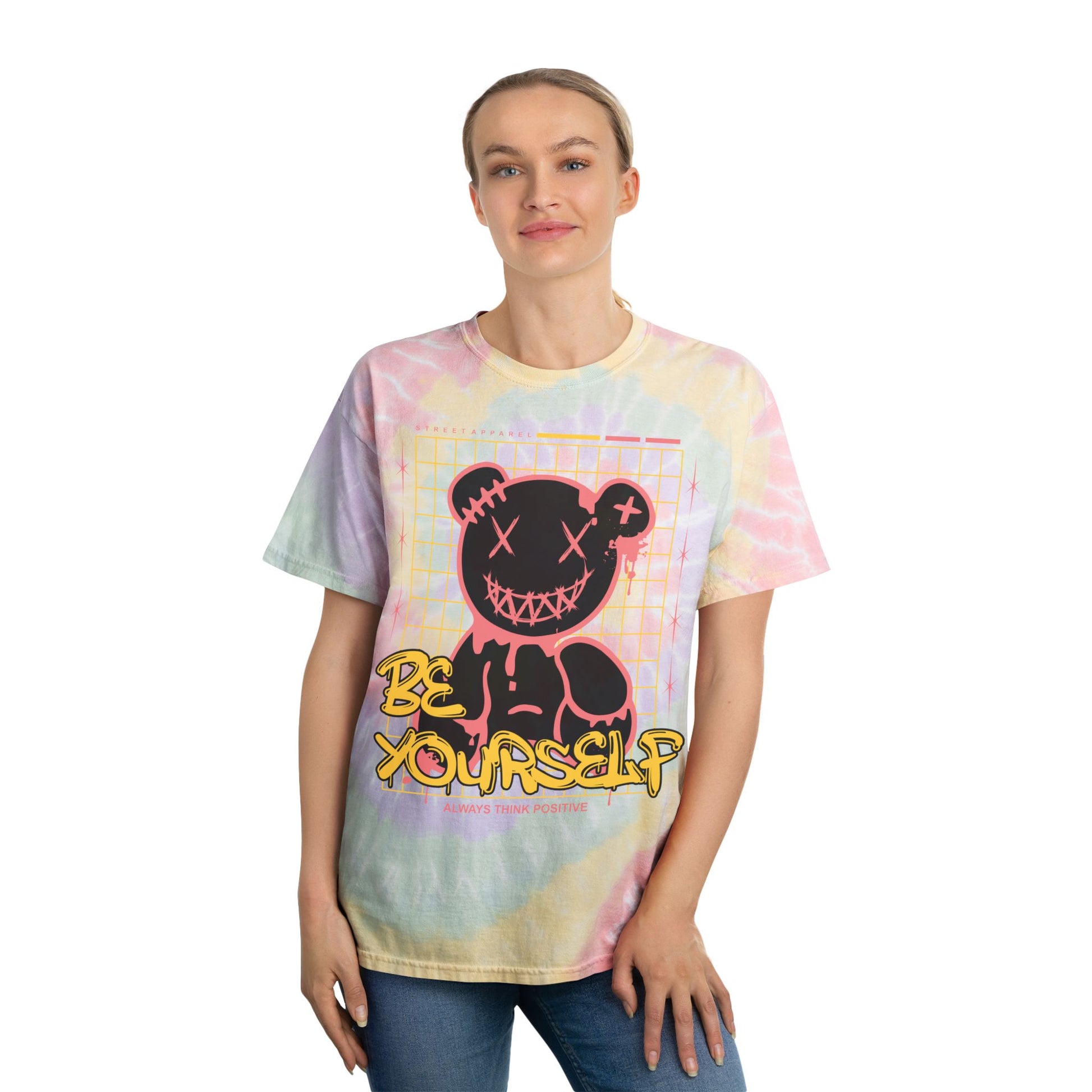 Unisex "Be Yourself" Tie Dye T-Shirt – Streetwear Graphic Tee with Edgy Bear & Positive Message – Soft Cotton Pastel Shirt