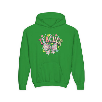 Teacher Hoodie with Colorful Floral Bow Design, Ideal Gift for Educators, School Spirit Wear, Teacher Appreciation, Back to School Irish Green