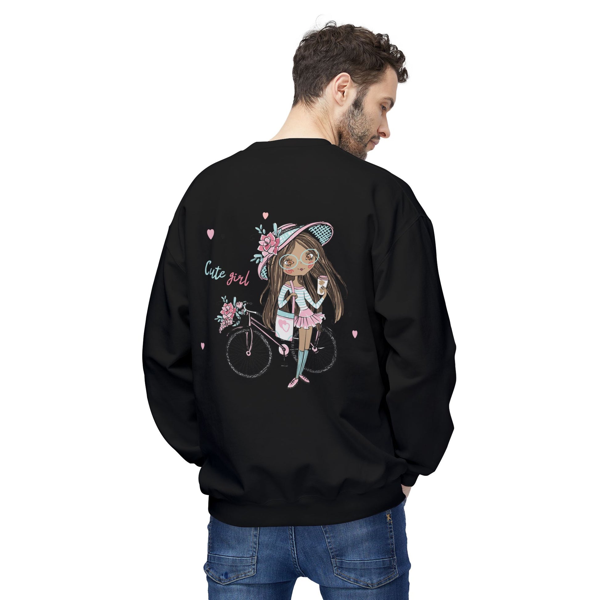 Cute Girl on Bicycle Sweatshirt, Cozy Fleece Crewneck, Spring Fashion, Gift for Her, Casual Sweatshirt, Cartoon Design