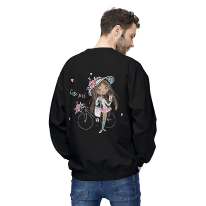 Cute Girl on Bicycle Sweatshirt, Cozy Fleece Crewneck, Spring Fashion, Gift for Her, Casual Sweatshirt, Cartoon Design