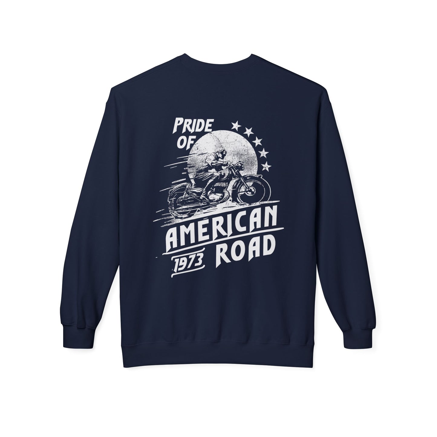 Pride of American Road Crewneck Sweatshirt, Cozy Unisex Fleece Top, Ideal Gift for Bikers, Road Trip Apparel, 1973 Vintage Style