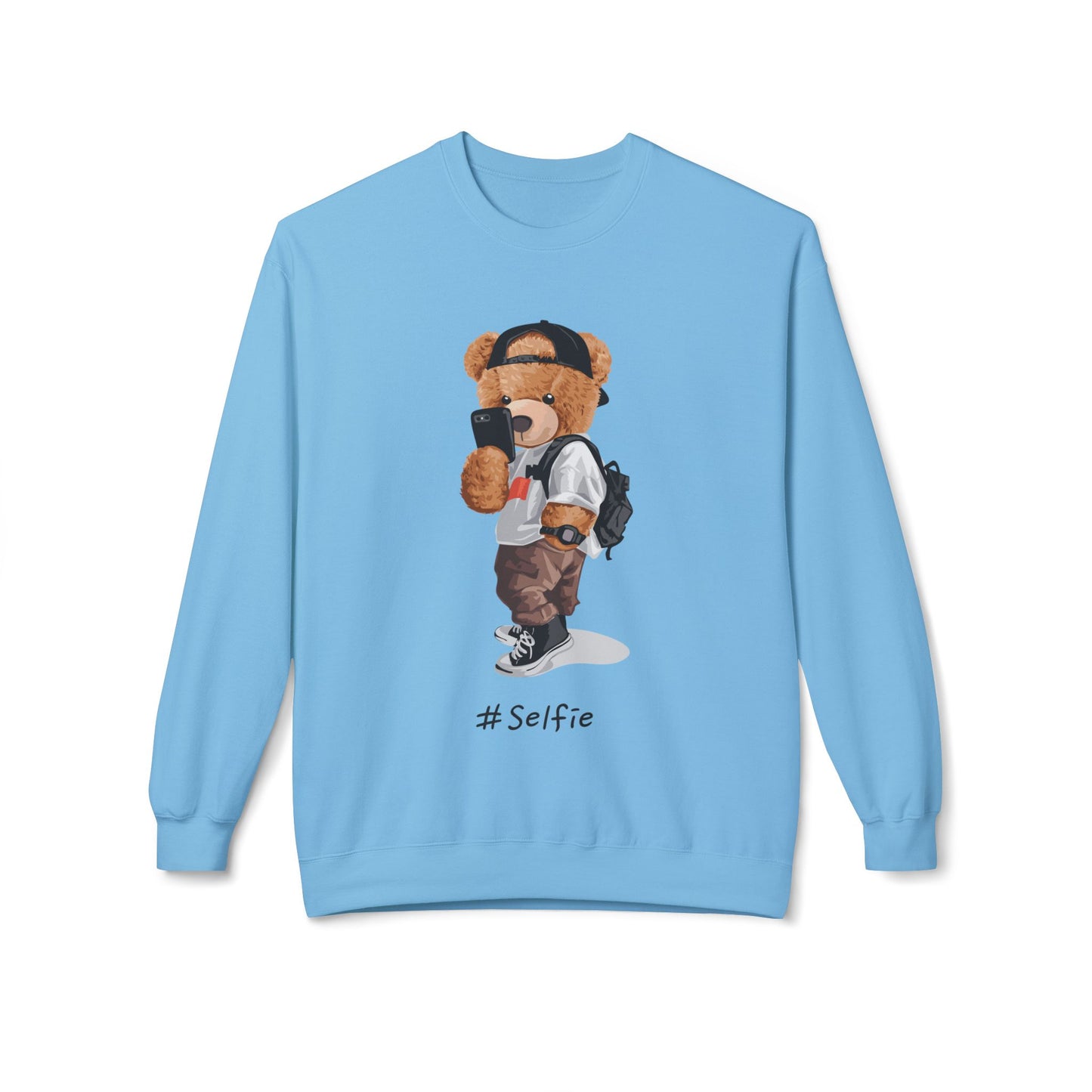 Cute Bear Selfie Sweatshirt, Trendy Gift for Teens, Cozy Fleece Crew, Fashionable Streetwear, Perfect for Casual Days, Instagram Vibes Sky
