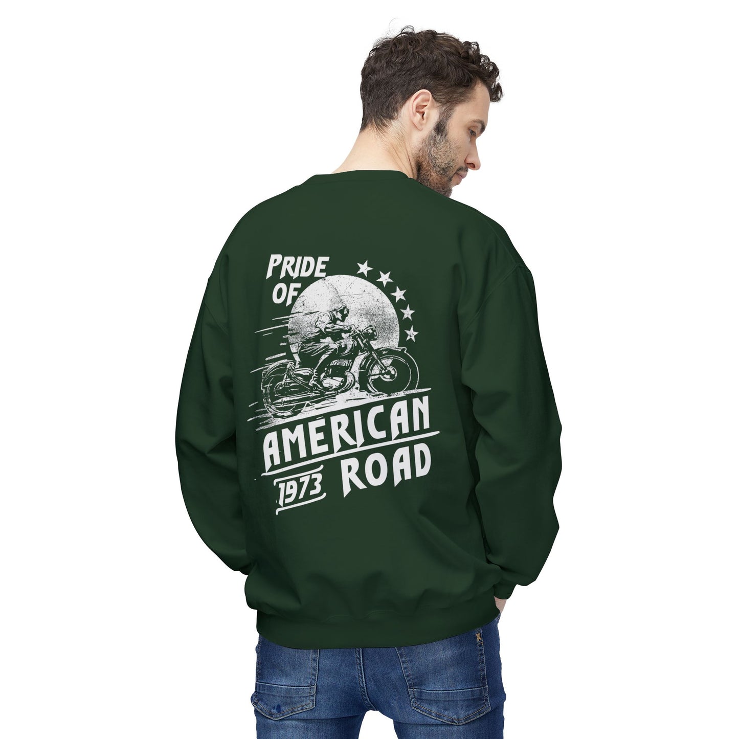 Pride of American Road Crewneck Sweatshirt, Cozy Unisex Fleece Top, Ideal Gift for Bikers, Road Trip Apparel, 1973 Vintage Style
