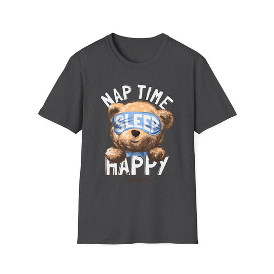 Nap Time Happy Bear Unisex T-Shirt, Sleep Shirt, Cute Graphic Tee, Cozy Relaxed Wear, Gift for Nappers, Funny Pajama T-Shirt Dark Heather