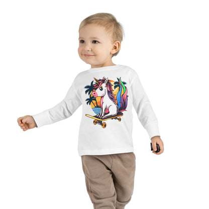 Skateboarding Unicorn Toddler Long Sleeve Tee, Cute Kids Shirt, Unicorn Lover Gift, Playful Toddler Outfit, Birthday Gift