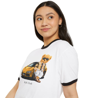 Rich Club Bear Unisex Cotton Ringer T-Shirt, Casual Wear, Streetwear, Gift for Car Lovers, Fun Graphic Tee