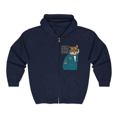 Trendy Graphic Hoodie - Stay Cool Tiger Zip Sweatshirt, Animal Lover Gift, Casual Streetwear, Cozy Layering Piece, Unique Fashion Statement Navy
