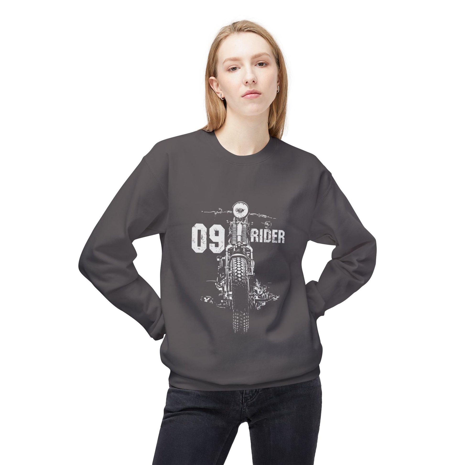 Retro Unisex Fleece Crew Sweatshirt - 09 Rider Design, Cozy Apparel, Gift for Bikers, Streetwear, Festival Wear, Everyday Comfort