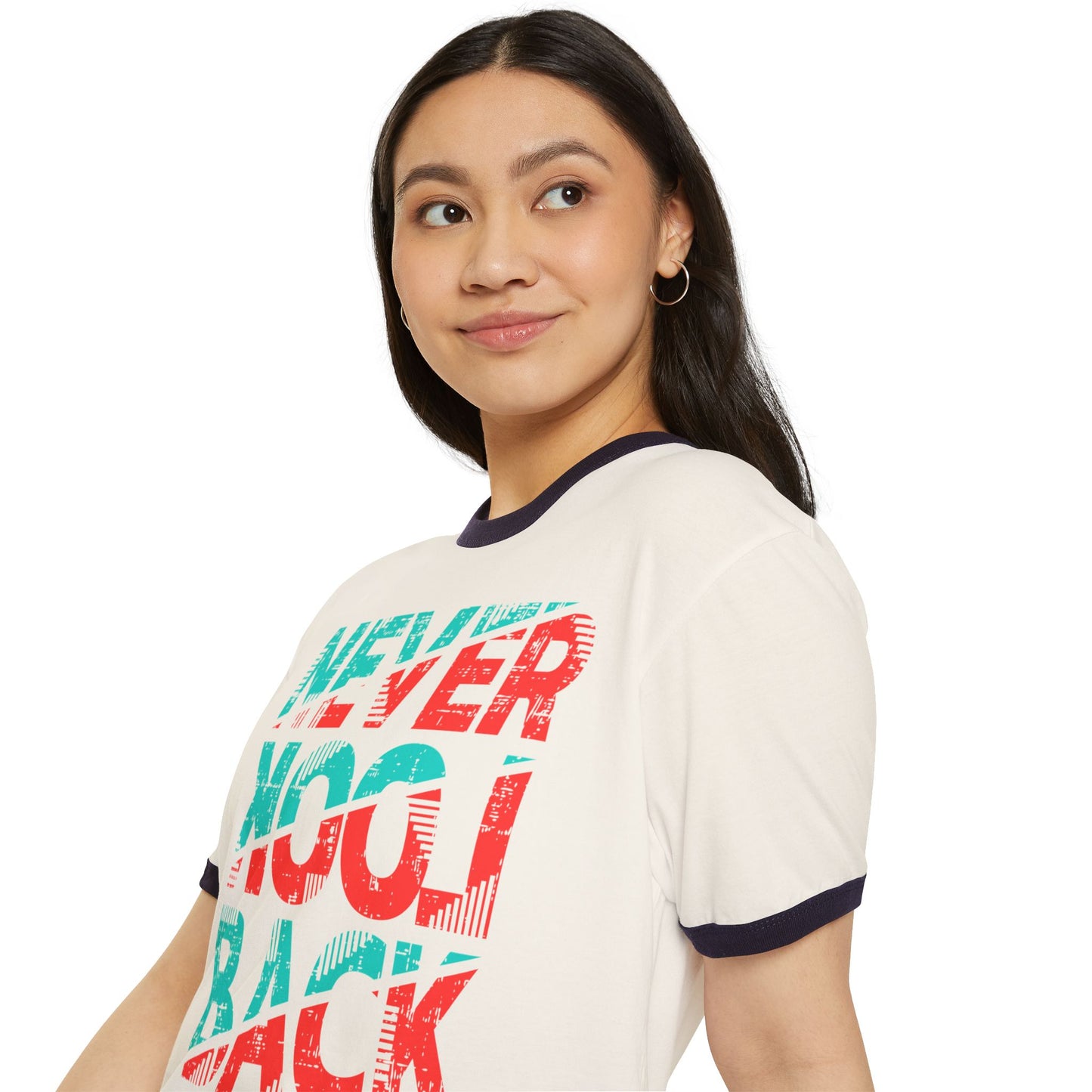 Retro Ringer T-Shirt - 'Never Look Back' Statement Tee, Casual Wear, Vintage Style, Gift for Friends, Motivational Shirt