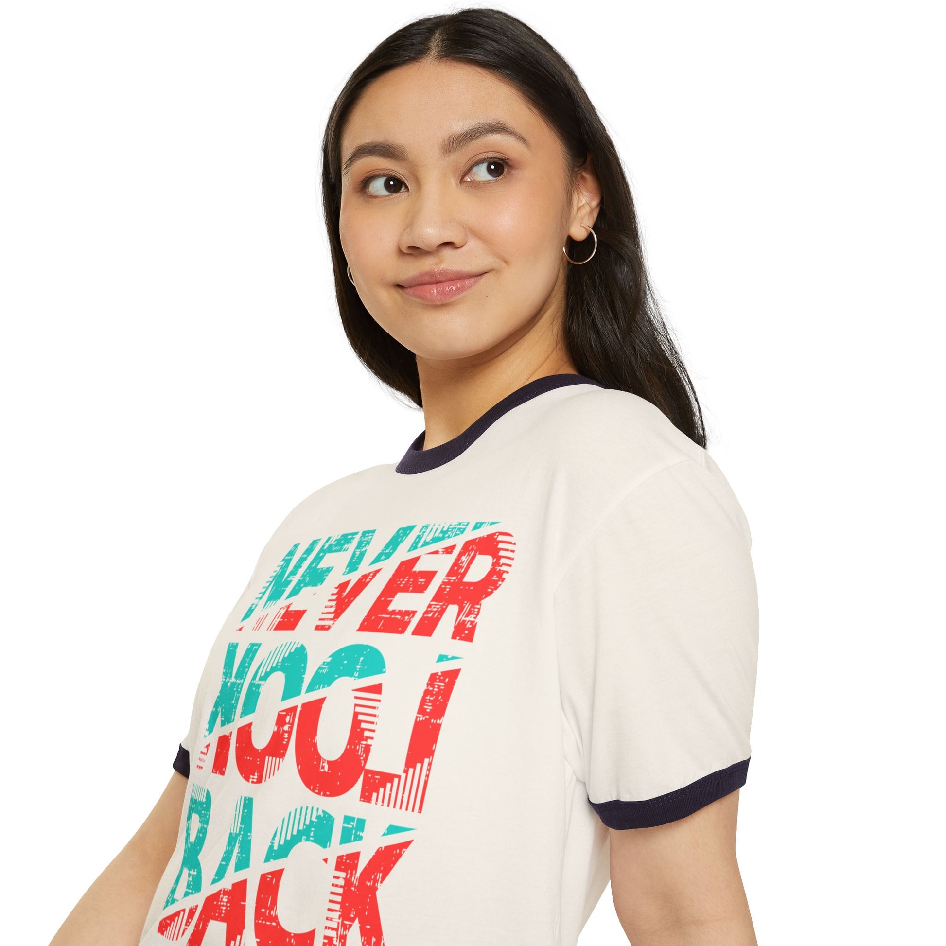 Retro Ringer T-Shirt - 'Never Look Back' Statement Tee, Casual Wear, Vintage Style, Gift for Friends, Motivational Shirt