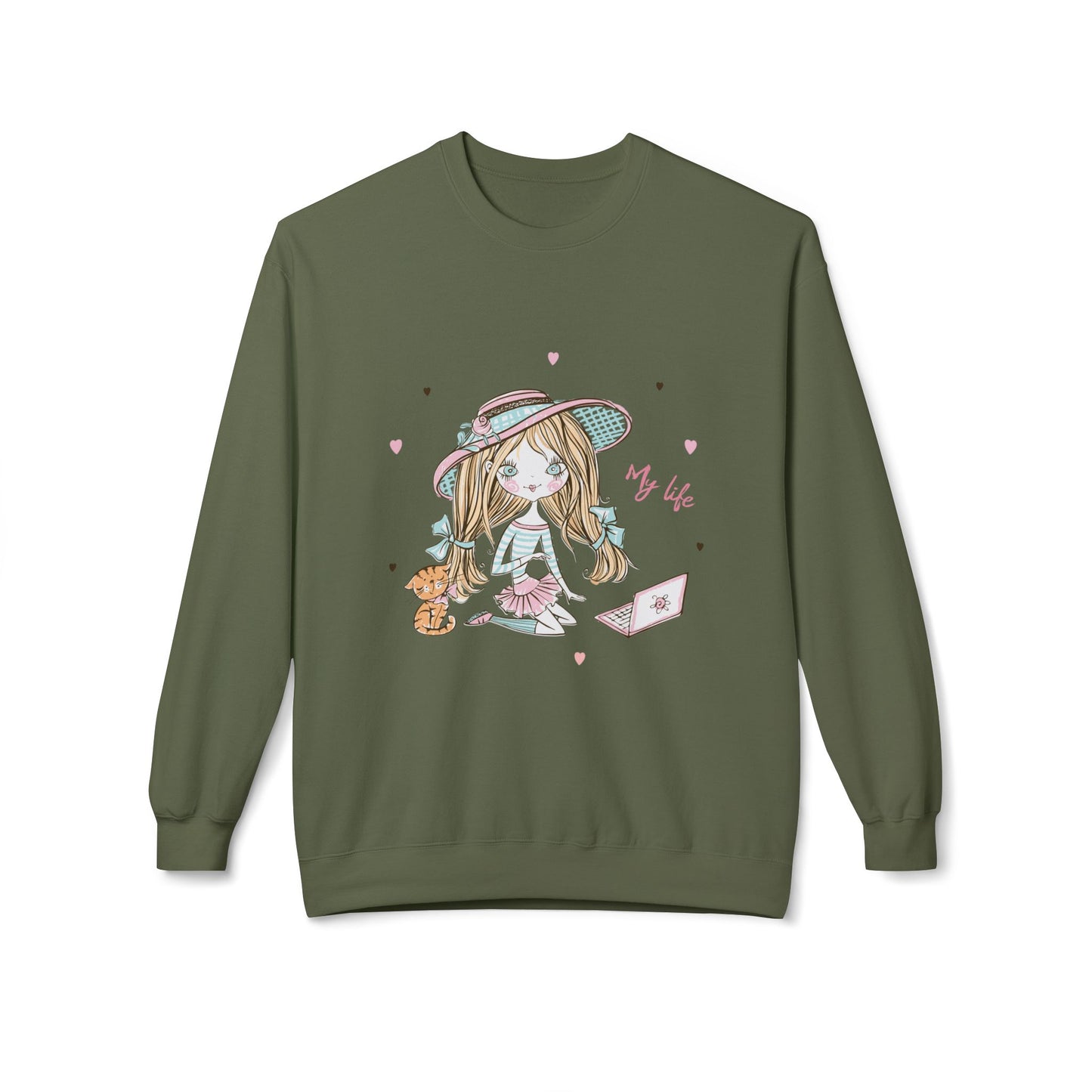 Cute Illustrated Crewneck Sweatshirt, Cozy Everyday Wear, Gift for Her, Fun Fashion, Casual Outfit, Birthday Present Military Green