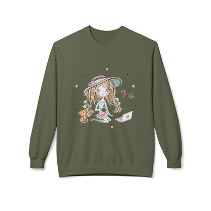 Cute Illustrated Crewneck Sweatshirt, Cozy Everyday Wear, Gift for Her, Fun Fashion, Casual Outfit, Birthday Present Military Green