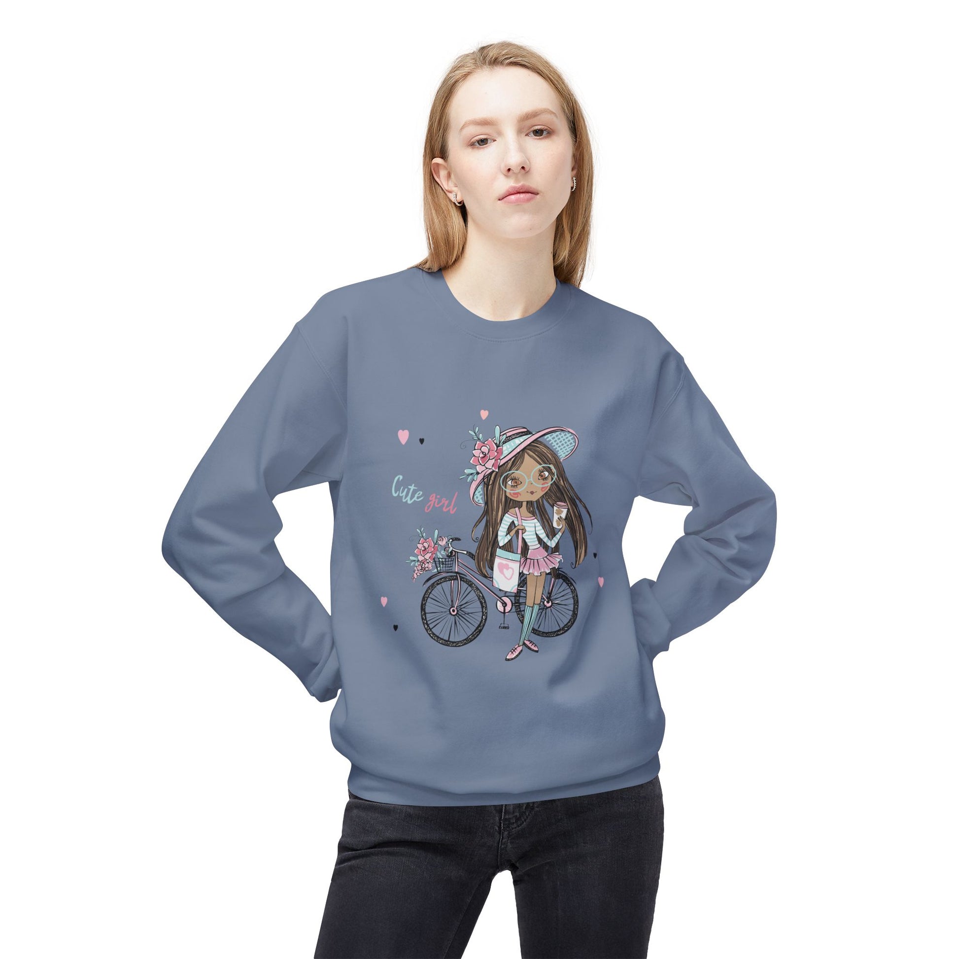 Cute Girl on Bicycle Sweatshirt, Cozy Fleece Crewneck, Spring Fashion, Gift for Her, Casual Sweatshirt, Cartoon Design