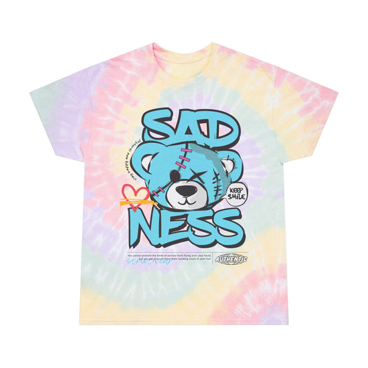 Unisex "Sadness" Tie Dye T-Shirt – Streetwear Graphic Tee with Blue Bear & "Keep Smile" Message – Soft Cotton Pastel Shirt