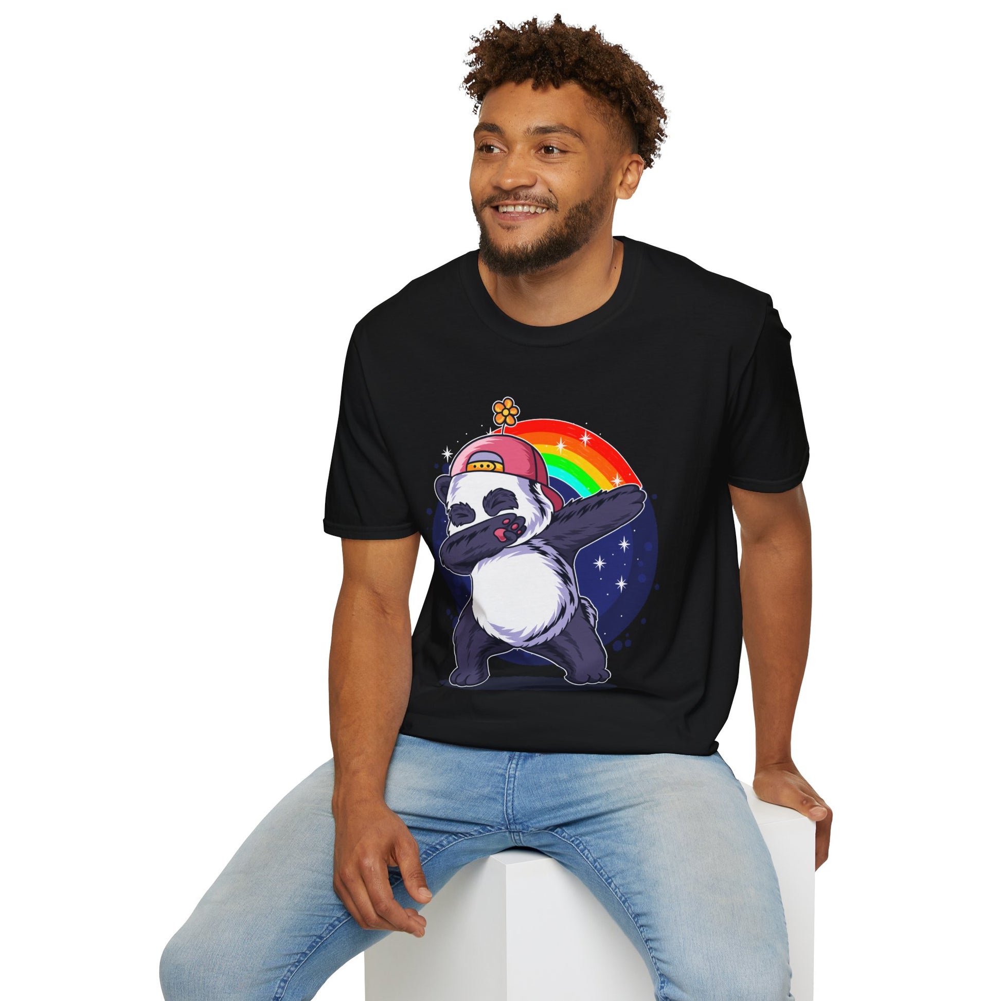 Rainbow Panda Unisex Softstyle T-Shirt, Cute Panda Tee, Gift for Animal Lovers, Fun Casual Wear, Birthday Present, Streetwear Fashion