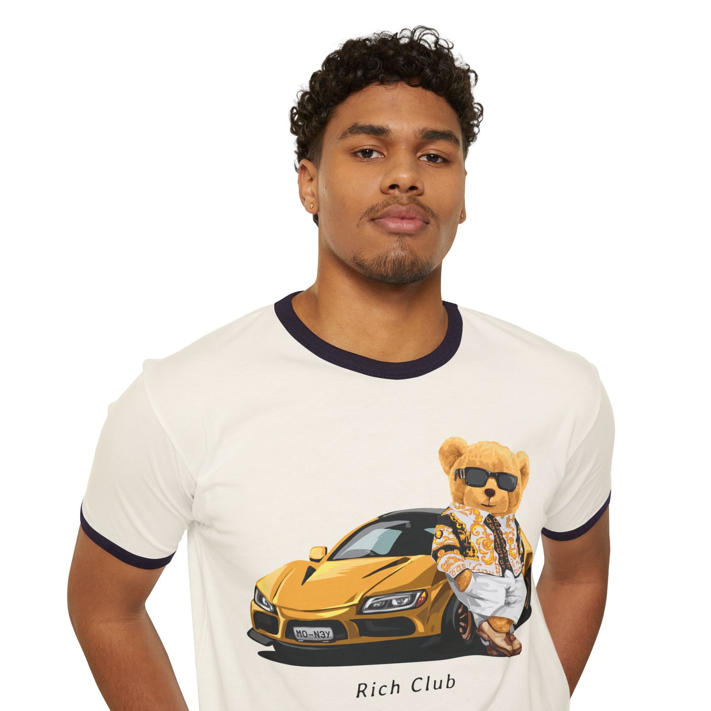 Rich Club Bear Unisex Cotton Ringer T-Shirt, Casual Wear, Streetwear, Gift for Car Lovers, Fun Graphic Tee