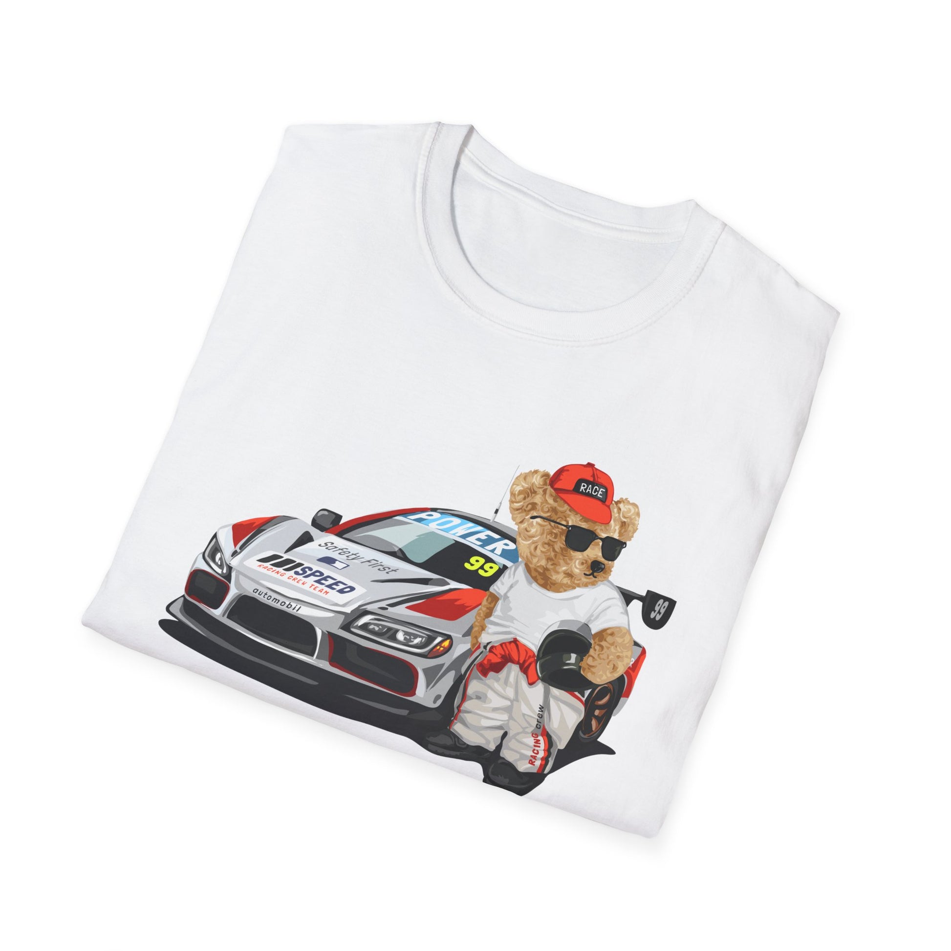 Racing Bear Unisex T-Shirt, Cute Animal Apparel, Car Lovers Gift, Fun Racing Shirt, Gift for Him/Her