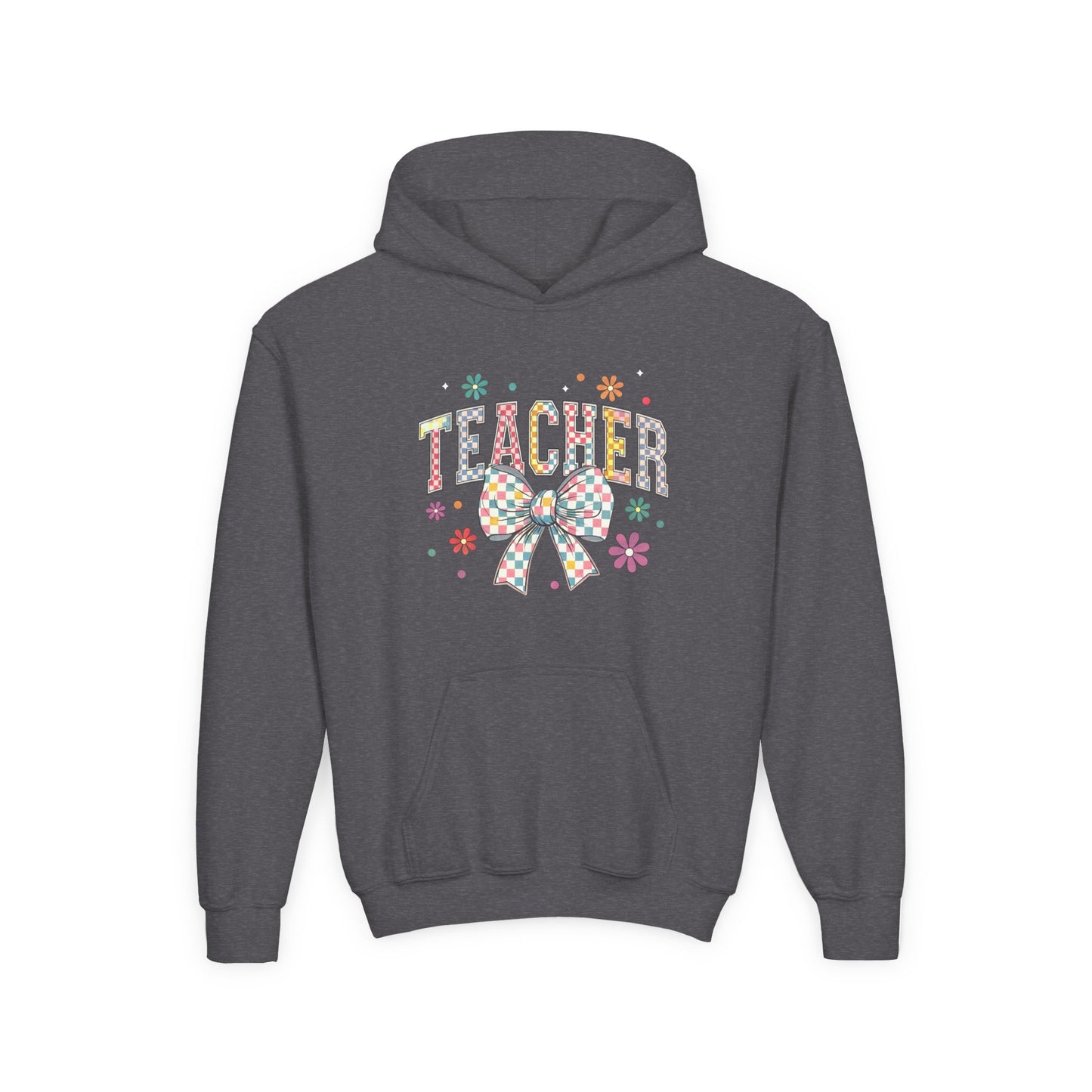 Teacher Appreciation Youth Hooded Sweatshirt - Cute Bow Design, Perfect Gift for Educators, Back to School, Christmas, Birthday Dark Heather