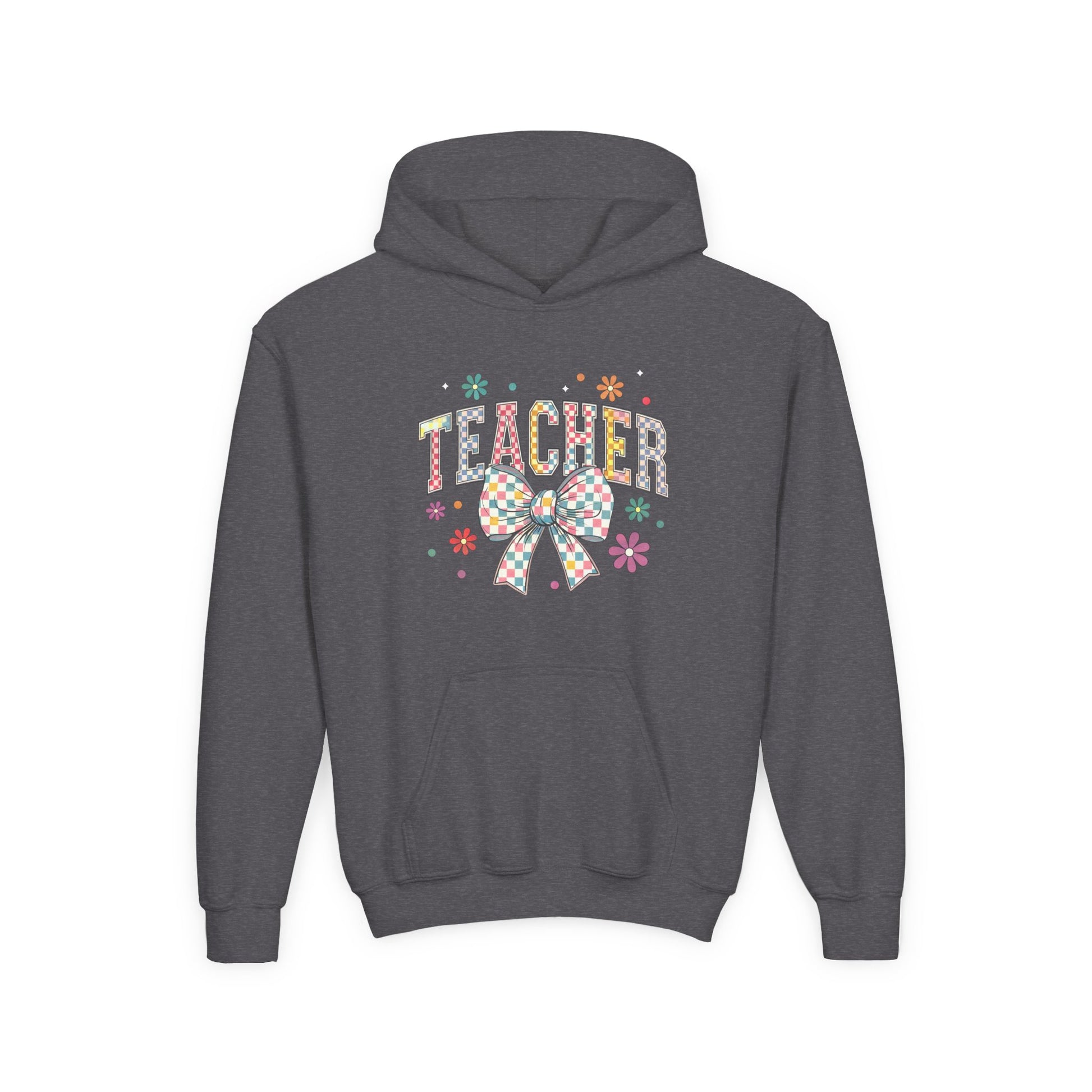 Teacher Appreciation Youth Hooded Sweatshirt - Cute Bow Design, Perfect Gift for Educators, Back to School, Christmas, Birthday Dark Heather