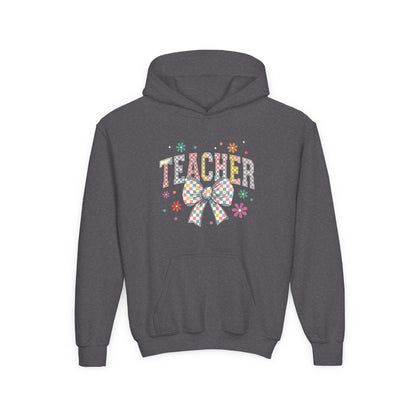 Teacher Appreciation Youth Hooded Sweatshirt - Cute Bow Design, Perfect Gift for Educators, Back to School, Christmas, Birthday Dark Heather