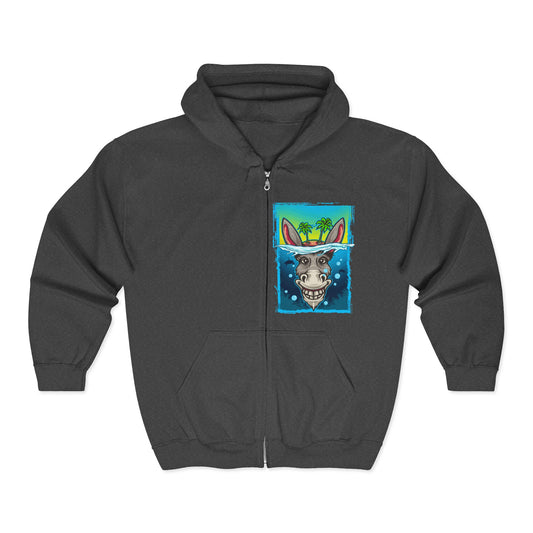 Funny Donkey Island Head Hoodie | Soft & Comfy Tropical Zip-Up Dark Heather