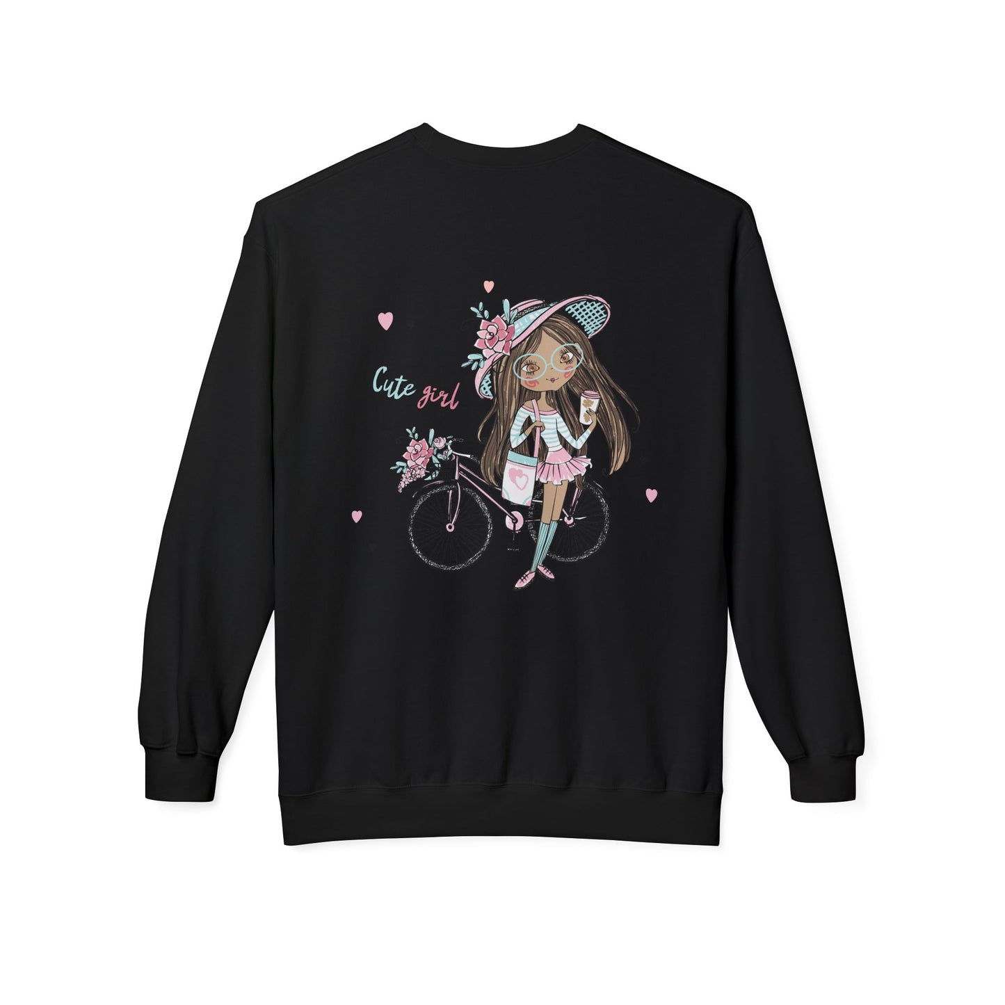 Cute Girl on Bicycle Sweatshirt, Cozy Fleece Crewneck, Spring Fashion, Gift for Her, Casual Sweatshirt, Cartoon Design
