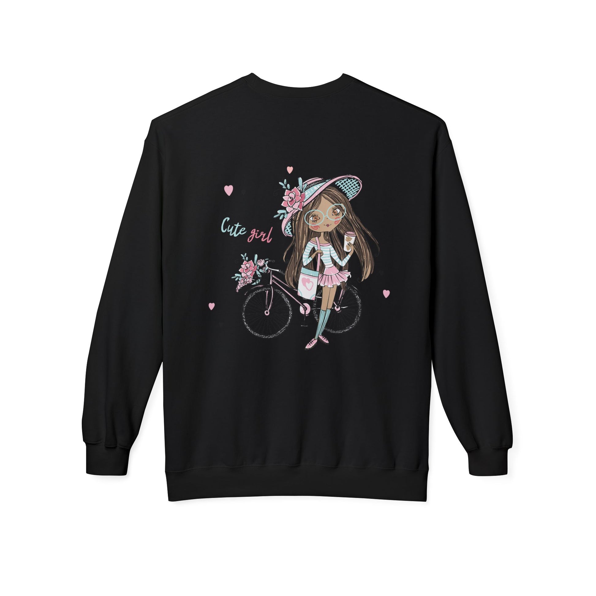 Cute Girl on Bicycle Sweatshirt, Cozy Fleece Crewneck, Spring Fashion, Gift for Her, Casual Sweatshirt, Cartoon Design