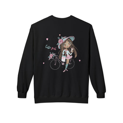 Cute Girl on Bicycle Sweatshirt, Cozy Fleece Crewneck, Spring Fashion, Gift for Her, Casual Sweatshirt, Cartoon Design