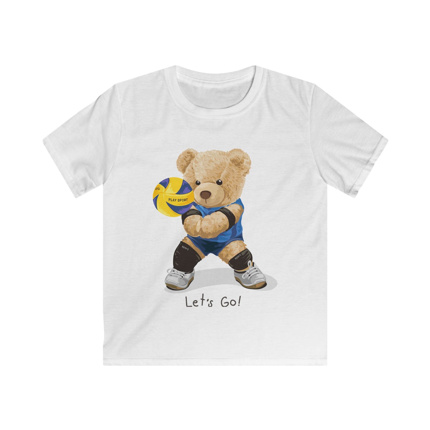 Cute Kids Volleyball Tee, Softstyle T-Shirt, Fun Kids Apparel, Sports Gift, Playful Bear Design, Birthday or Team Spirit White
