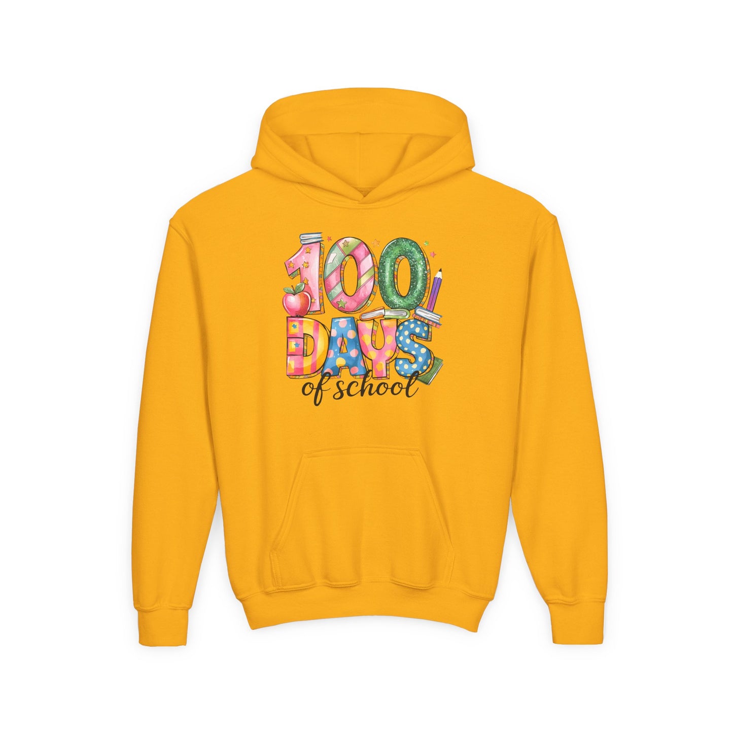100 Days of School Youth Hoodie, Celebrate Achievement Sweatshirt, Fun Kids Apparel, School Milestone Gift, Classroom Celebration Wear Gold