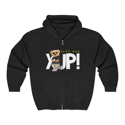 Unisex Heavy Blend Full Zip Hoodie with Cute Bear Design, Just Say Yup! Black