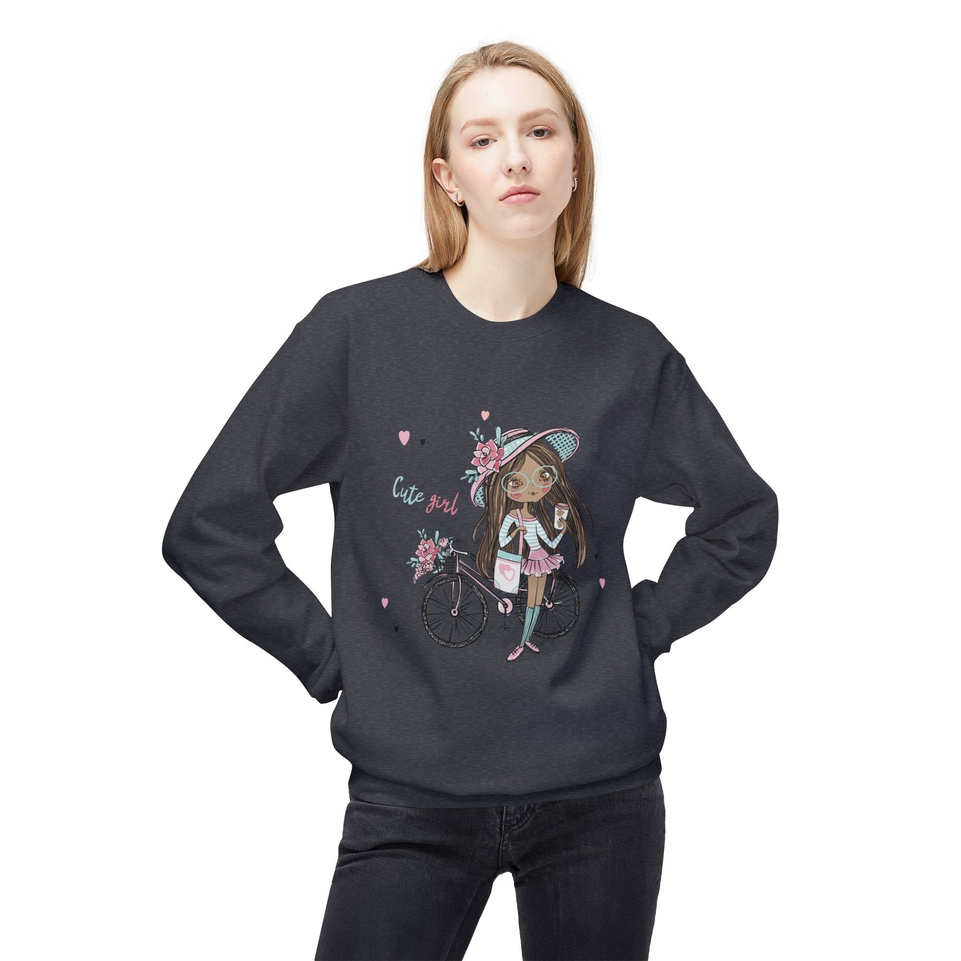 Cute Girl on Bicycle Sweatshirt, Cozy Fleece Crewneck, Spring Fashion, Gift for Her, Casual Sweatshirt, Cartoon Design