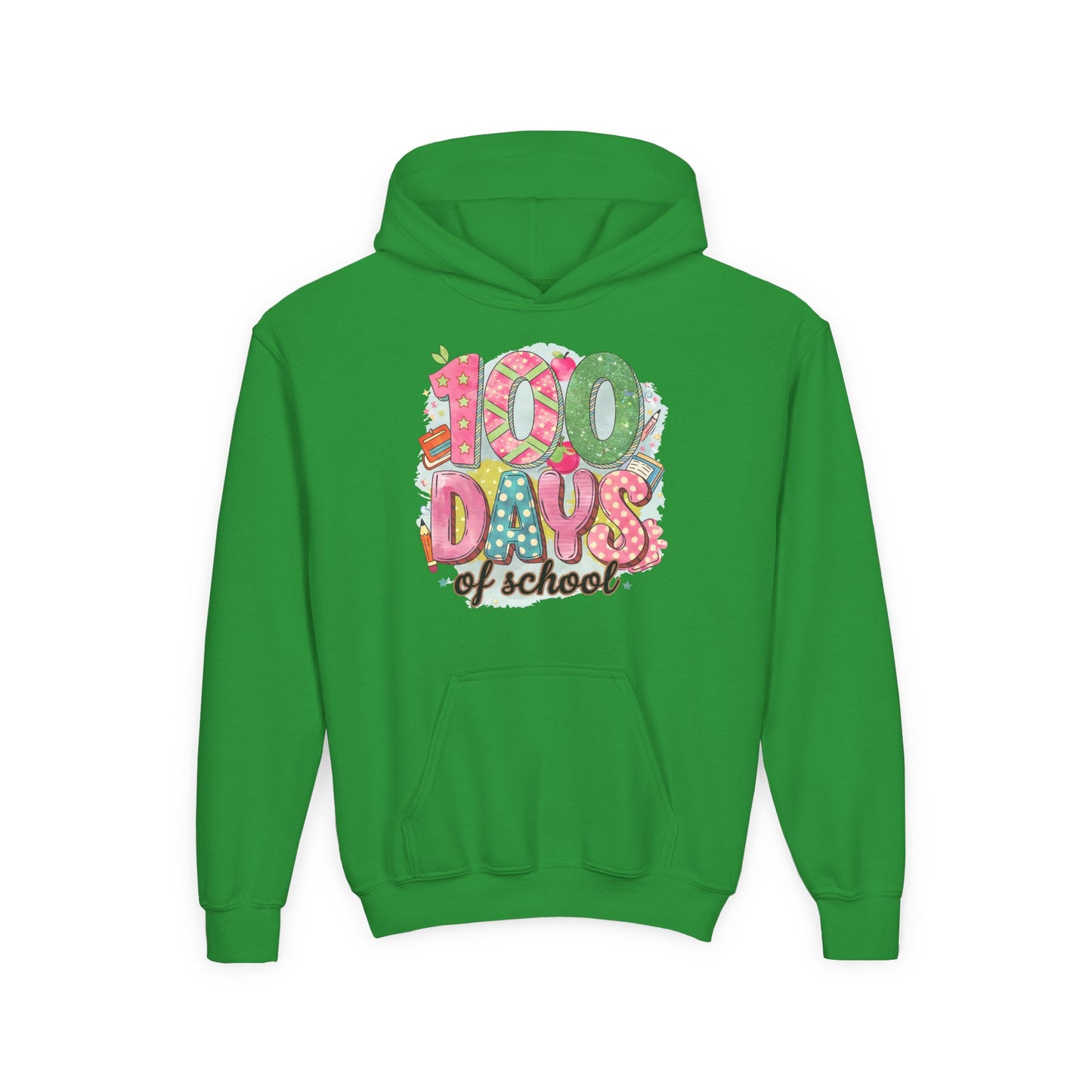 Youth 100 Days of School Hoodie, Fun School Spirit Wear, Kids Sweatshirt for Celebrations, Great for Classroom Parties, Cute Gift Idea Irish Green