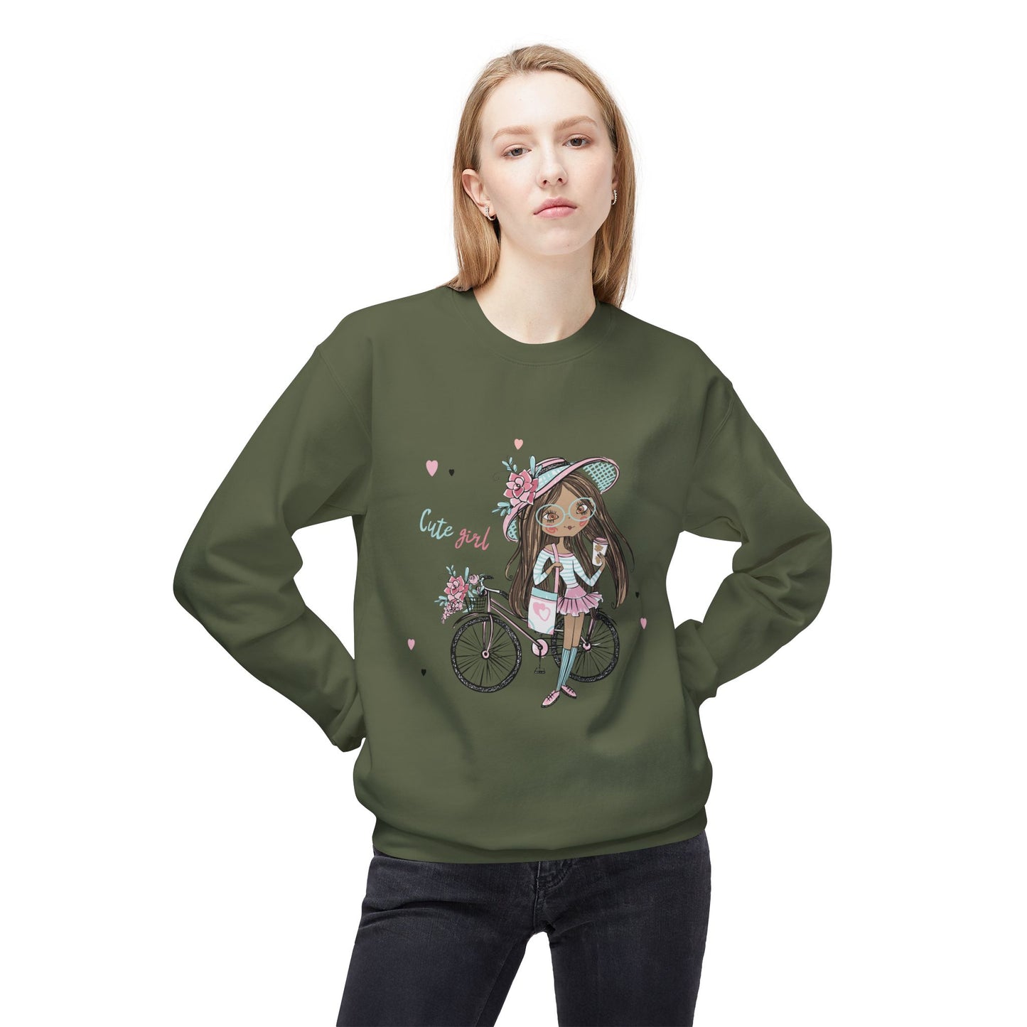 Cute Girl on Bicycle Sweatshirt, Cozy Fleece Crewneck, Spring Fashion, Gift for Her, Casual Sweatshirt, Cartoon Design