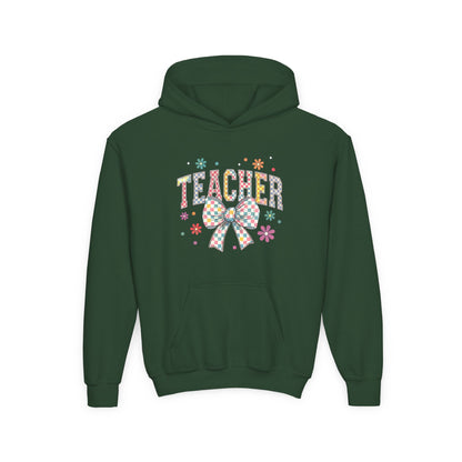 Teacher Appreciation Youth Hooded Sweatshirt - Cute Bow Design, Perfect Gift for Educators, Back to School, Christmas, Birthday Forest Green