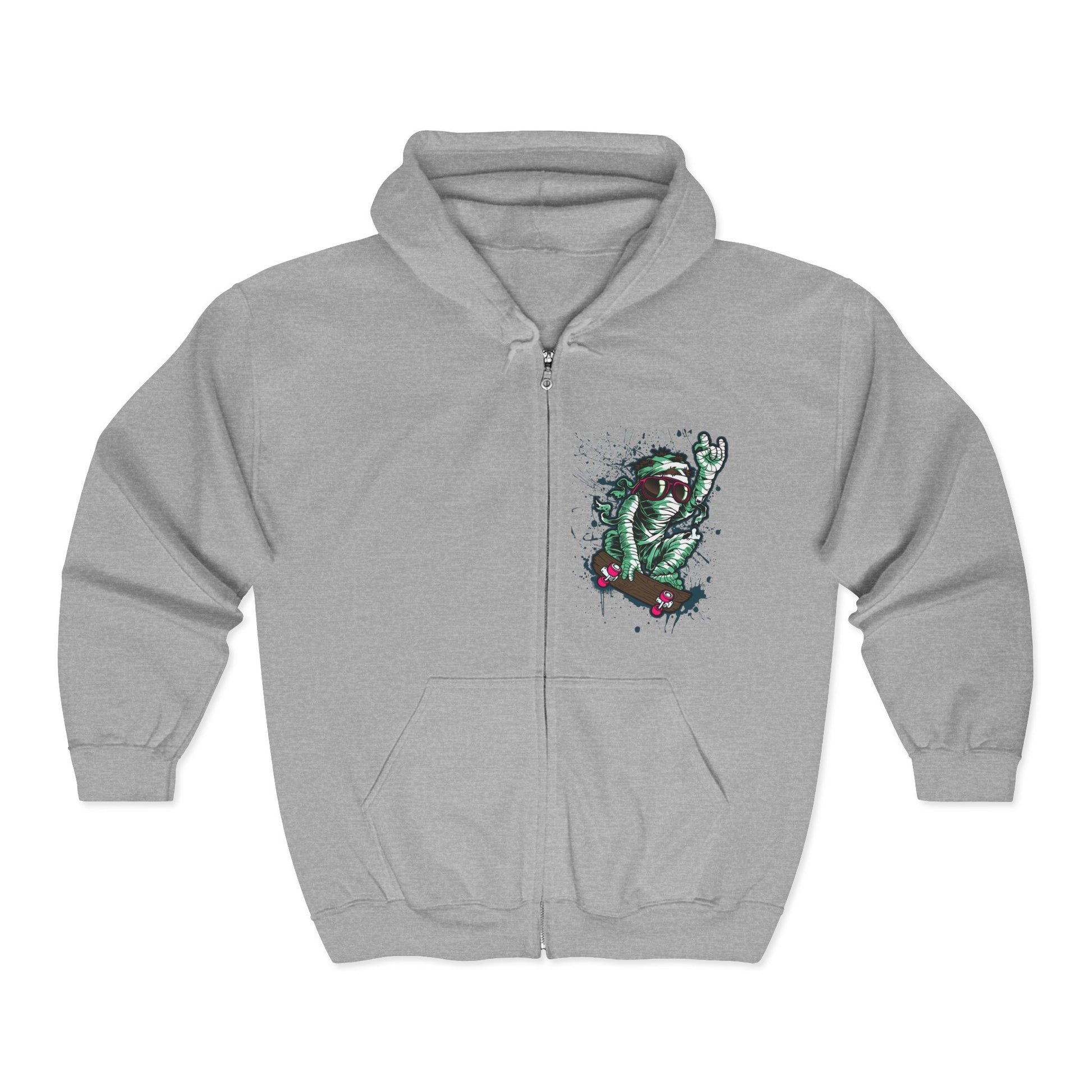 Skateboarding Mummy Zip-Up Hoodie | Soft Fleece Graphic Sweatshirt Sport Grey