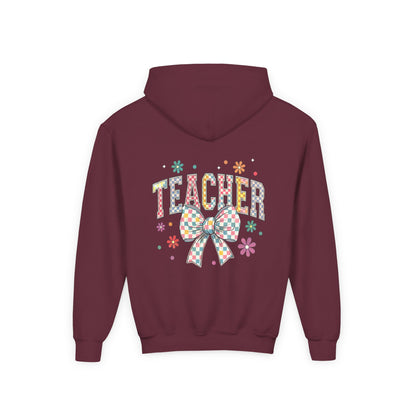 Teacher Appreciation Youth Hooded Sweatshirt - Cute Bow Design, Perfect Gift for Educators, Back to School, Christmas, Birthday Maroon
