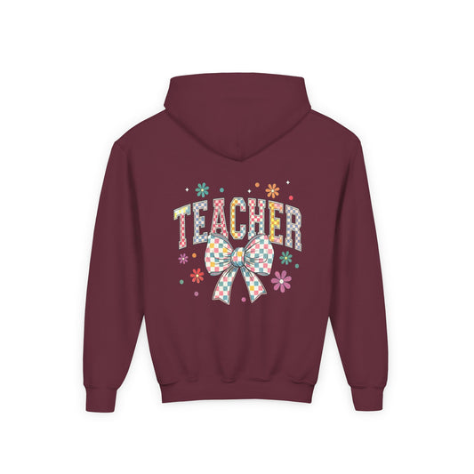 Teacher Appreciation Youth Hooded Sweatshirt - Cute Bow Design, Perfect Gift for Educators, Back to School, Christmas, Birthday Maroon