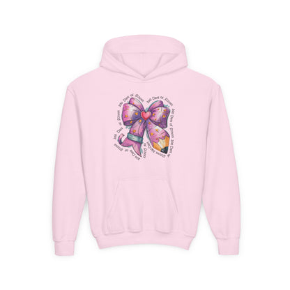 Heartfelt Bow Youth Hoodie - Cute Gift for Kids, Stylish Sweatshirt for Birthday, Back to School, Holiday, Everyday Wear
