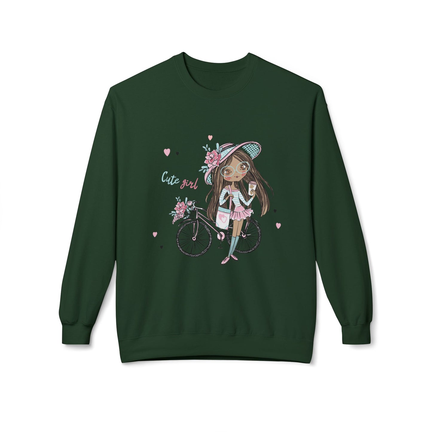 Cute Girl on Bicycle Sweatshirt, Cozy Fleece Crewneck, Spring Fashion, Gift for Her, Casual Sweatshirt, Cartoon Design Forest Green