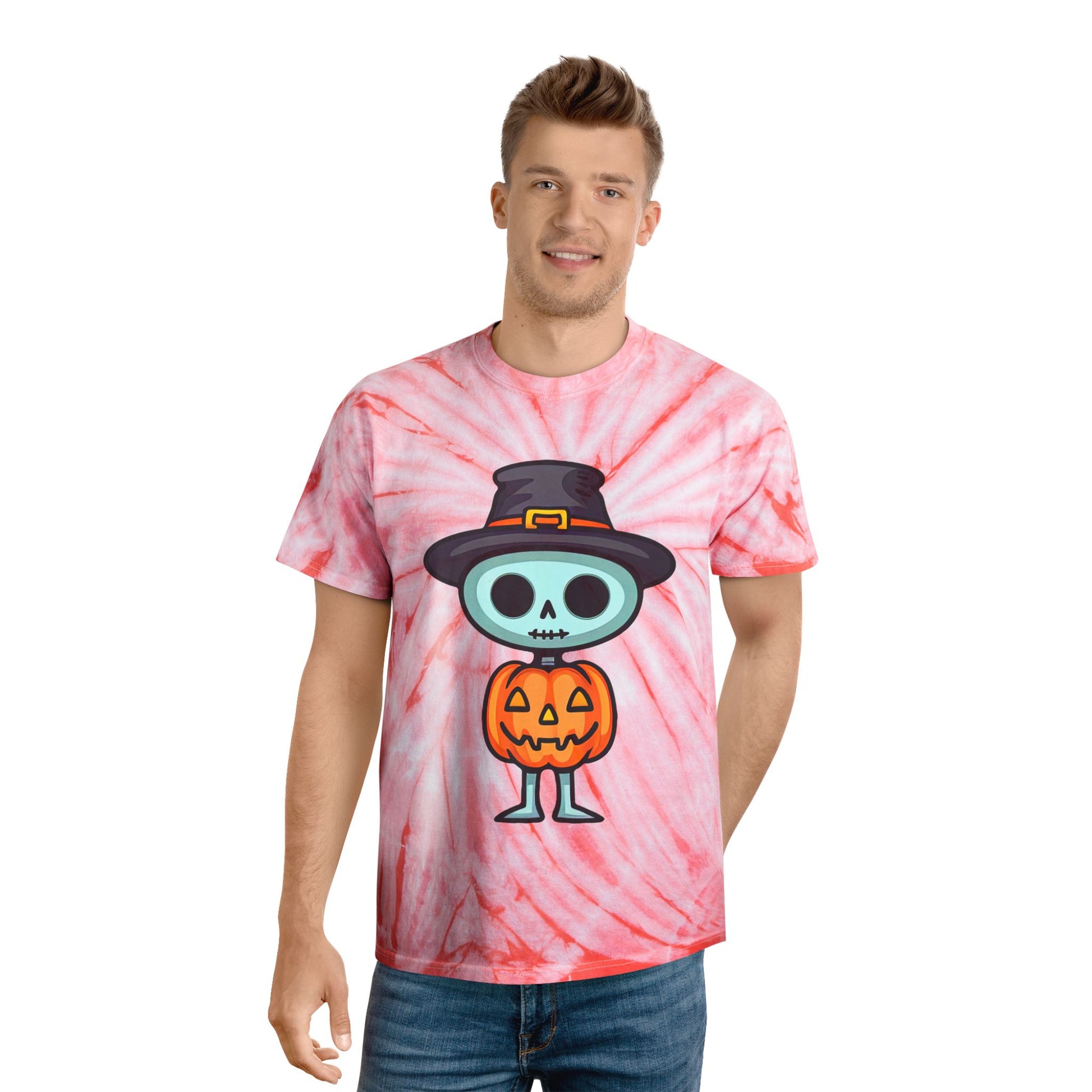 Halloween Tie-Dye Tee with Skeleton Design, Vintage Tie-Dye T-Shirt, Fun Fall Apparel, Spooky Season Outfit, Halloween Party Shirt - Cozy Kawaii LLC